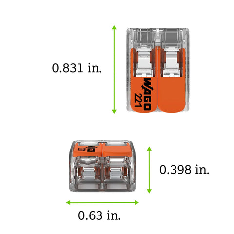 Lever Nuts Splicing Connector For Solid And Stranded Wire, 2 Conductors With Levers, 0.831 x 0.63 x 0.398 in, Clear Housing