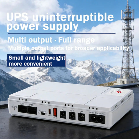 Mini UPS Backup Power Supply 8000mAh Battery Pack For Routers and Modems featuring multiple ports on a mountain backdrop.