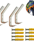 Four Pack Motorcycle Helmet Holder Hook Wall Mount Rack with mounting screws and anchors, aluminum construction, shown with helmet
