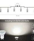Diagram of Six Light LED Track Lighting Kit In Matte Nickel Finish with dimensions and GU10 LED bulb details