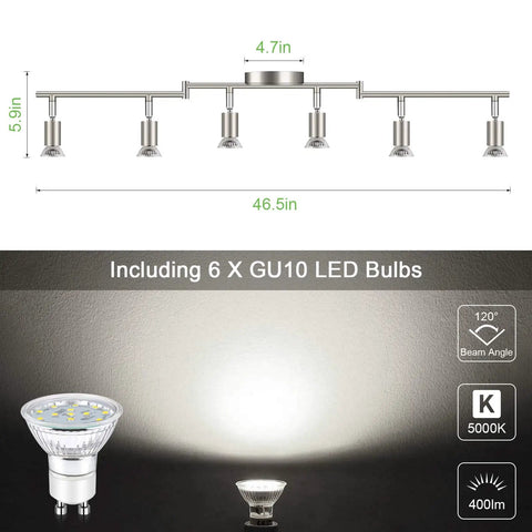 Diagram of Six Light LED Track Lighting Kit In Matte Nickel Finish with dimensions and GU10 LED bulb details