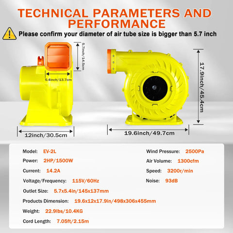 Heavy Duty 2HP Inflatable Air Blower For Big Bounce Houses Heavy Hitter Commercial Fan Pump with technical parameters image.