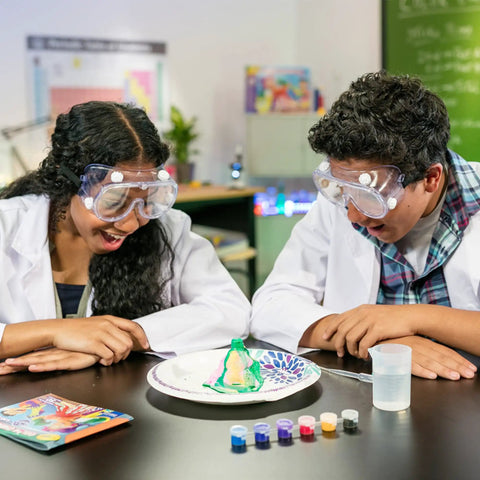 Color Chemistry Lab Kit For Kids Kid Friendly Safe Mess Free Experiments Build Color Mixing Skills Hands On STEM Activity Set For Young Scientists Fun Home Learning Project That Sparks Creativity And Curiosity, kids in lab goggles mixing colors