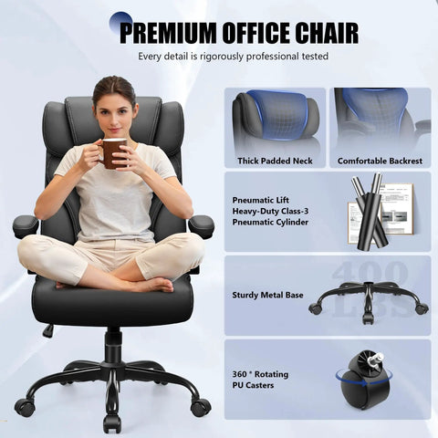 Woman seated in Ergonomic Leather Office Chair With Flip Up Armrests Big And Tall High Back Executive Computer And Gaming Chair With Footrest All Day Comfort Padded Support Rocking Base Boss Level Black, holding a coffee, showing thick padded neck, comfortable backrest, with labels of pneumatic lift, sturdy metal base and rotating PU casters.