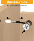 Diagram showing use of Cam Lock Fasteners Set For Cabinets And Wardrobes, 40 Pcs 15mm By 11mm Zinc Alloy Nickel Plated Cam Lock Nuts.