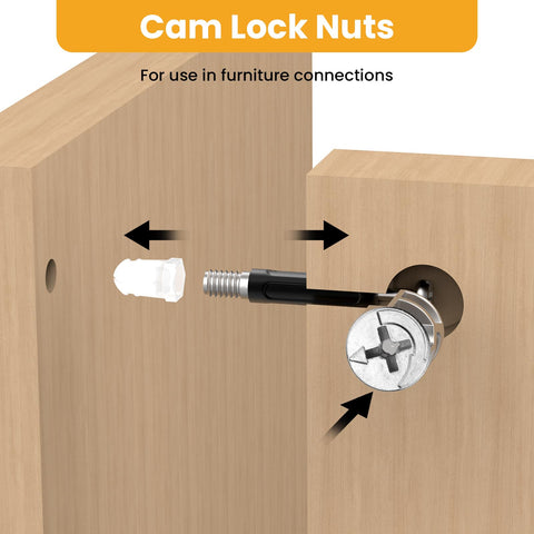 Diagram showing use of Cam Lock Fasteners Set For Cabinets And Wardrobes, 40 Pcs 15mm By 11mm Zinc Alloy Nickel Plated Cam Lock Nuts.