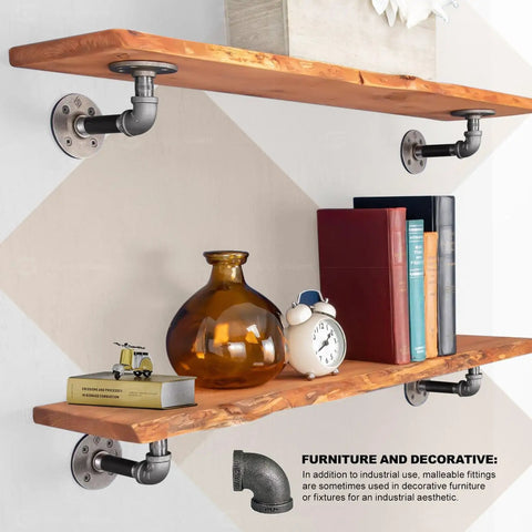 Wooden shelves supported by 6 Inch 90 Degree Malleable Iron Elbow Fitting With Female Threads Black Finish For High Pressure Systems 150 Lb Rated Rugged Industrial Pipe Connector For Severe Service