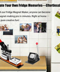 DIY Fridge Magnet Maker Kit with 2x2 2x3 2.5x2.5 and 2.5x3.5 inch sizes, showing magnet press and paper cutter on counter