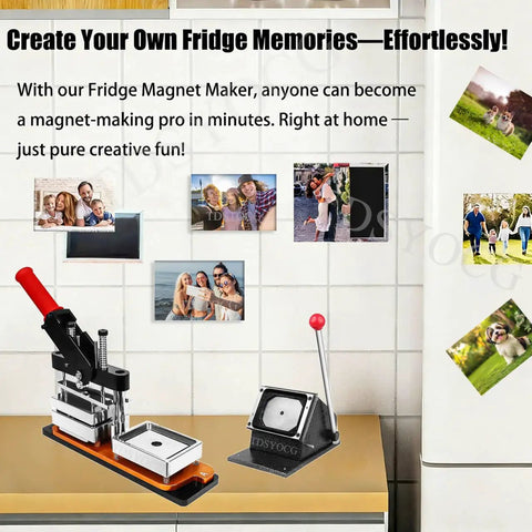 DIY Fridge Magnet Maker Kit with 2x2 2x3 2.5x2.5 and 2.5x3.5 inch sizes, showing magnet press and paper cutter on counter
