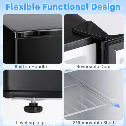 Hella Compact 2.1 Cubic Foot Upright Mini Freezer With Seven Adjustable Temperature Settings showing built-in handle, reversible door, leveling legs, and removable wire shelf.