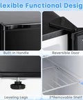 Hella Compact 2 1 Cubic Foot Upright Freezer With Easy Turn Temperature Controls and Slide Away Wire Shelves, showing built-in handle and reversible door.