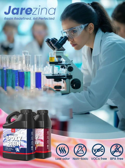 Scientist using a microscope in a lab with Jarezina epoxy resin bottles in the foreground, promoting low odor and non-toxic features.