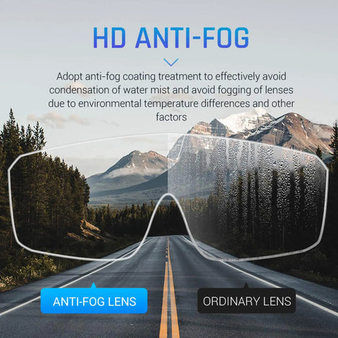 Clear Anti Fog Safety Glasses With UV400 Protection, Anti Scratch Lenses, demonstrating anti-fog feature over mountain road