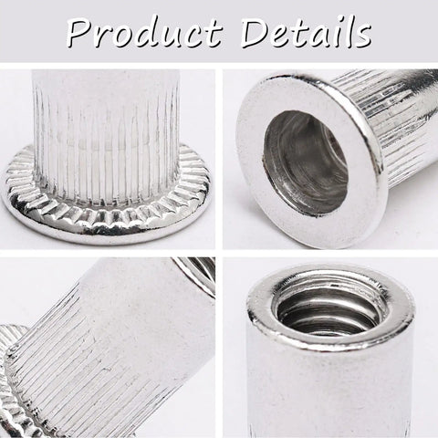 Close-up details of 100 Piece M6 Flat Head Threaded Aluminum Rivet Nut Blind Insert Nut Set With Tool For Easy Installation