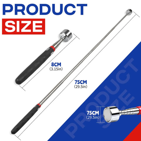 Telescoping Magnetic Pickup Tool 40 Lb Pull Heavy Duty with 30 Inch Reach, non-slip grip, showing size dimensions