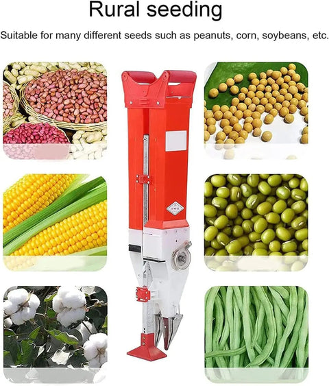 Handheld Seed Spreader For Home Garden Adjustable Seeder For Peanuts And Soybeans surrounded by seeds and vegetables images