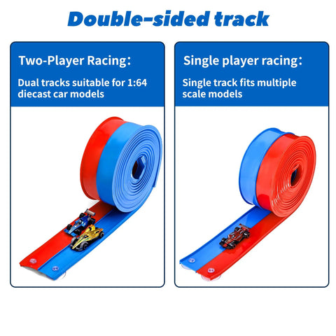 Flexible Fifteen Foot Race Car Track Set For Kids With Double Sided Racetrack Suction Cups Portable Roll Up Track Compatible With 1 64 Diecast Cars Indoor Outdoor Toy Gift For Boys And Girls Ages 3 To 7, showing blue and red track with cars