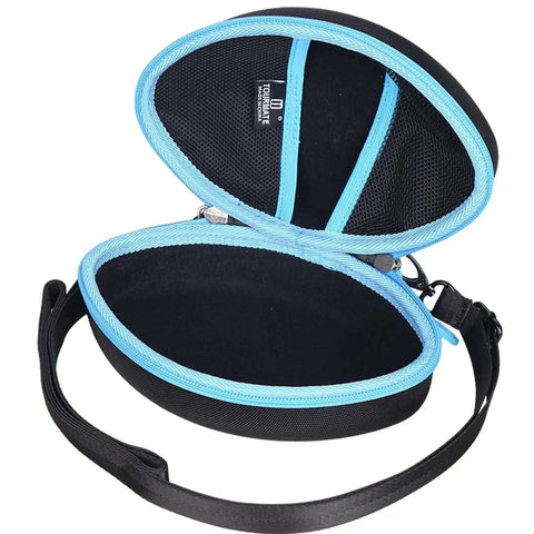 Rugged EVA Hard Shell Travel Case for Wireless Foldable Headphones With Shockproof Bully Resistant Exterior And Super Soft Interior Lining To Shield Your Audio Rig From Drops Scratches And Dents In Black And Blue Style, open view showing soft padding.