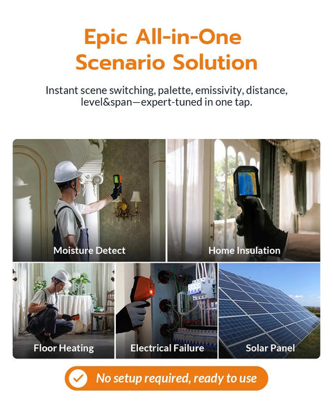 GT27D WiFi Thermal Camera with IR and Visible Light 640x480 High Resolution Real Time Imaging UIRA IR Enhanced Sensor for Pro Grade Temperature Readouts Hotspot Detection and Hidden Defect Scanning showing moisture, insulation, heating, electrical, and solar checks