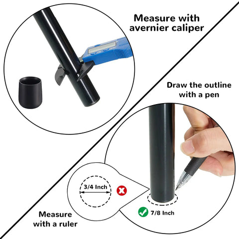 Diagram showing measurement process for Seven Eighths Inch Folding Chair Leg Caps Set Heavy Duty Plastic Floor Protectors.