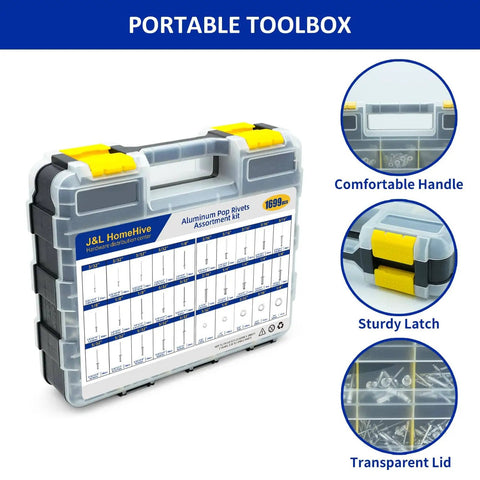 1699 Piece Aluminum Steel Pop Rivets And Washers Kit With Double Sided Storage Box featuring handle and latch