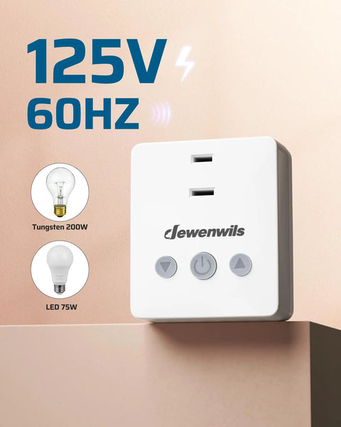 Smooth Operator Wireless Dimmer Plug For Home Lighting mounted on a wall, showing buttons for LED and incandescent use.