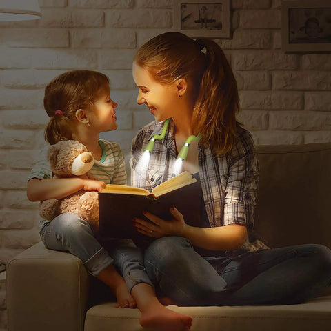 Mother and child reading with LED Neck Book Light With USB C Rechargeable Battery Hands Free Reading Light in dark room.