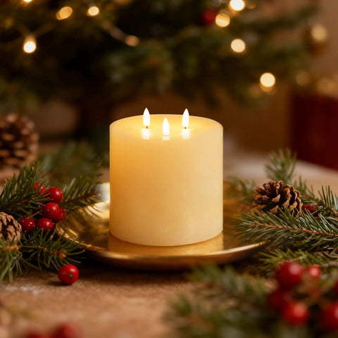 Extra Large 6x6 Flameless Candles With Three Wicks Battery Operated LED Pillar Candles With Remote And Timers Real Wax Ivory