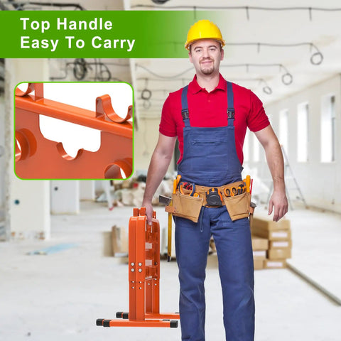 Worker with Heavy-Duty Adjustable Wire Dispenser And Welded Steel Spool Rack for heavy cables, showing top handle feature.