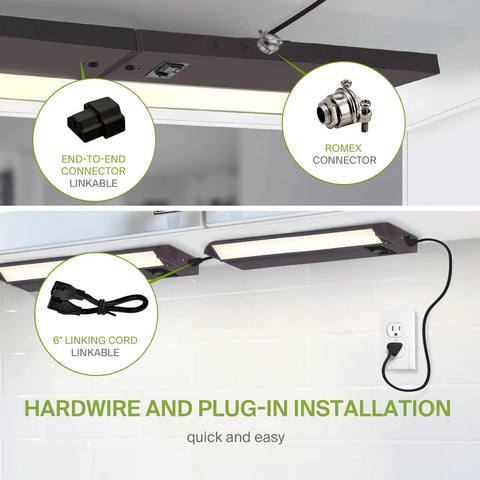Swivel LED Under Cabinet Lights 12 Inch 5W Kit showing plug-in and hardwire installation options