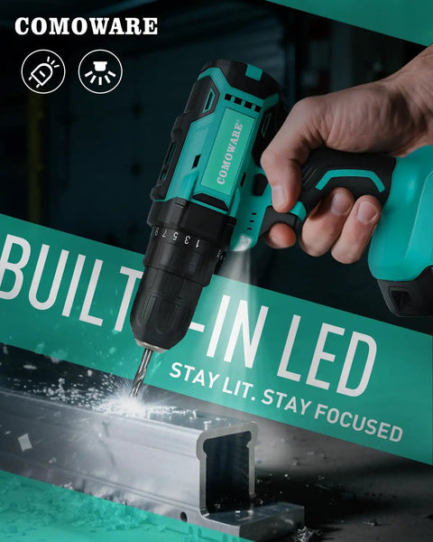 20V Cordless Drill Kit With One Battery And Charger, Three Eighths Inch Keyless Chuck, built-in LED light in use on metal