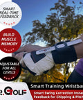 Golf Wrist Band Swing Trainer for chips and pitches in use, showing smart real-time feedback and wrist positioning outdoors.