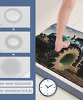 Person stepping on Farm Tractor Diatom Mud Bath Mat Quick Dry Non Slip Rug for shower bathroom toilet and kitchen machine washable 23.6 by 15.7 inches keeps floors dry and odor free with super water absorption chart and clock.