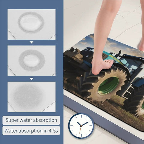 Person stepping on Farm Tractor Diatom Mud Bath Mat Quick Dry Non Slip Rug for shower bathroom toilet and kitchen machine washable 23.6 by 15.7 inches keeps floors dry and odor free with super water absorption chart and clock.