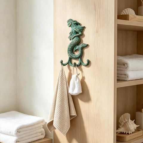Premium Cast Iron Mermaid Wall Hook With Solid Metal Finish Totally Awesome Vintage Nautical Coat And Towel Hanger holds towels.