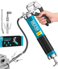 Seesii 8000 PSI pistol-grip grease gun kit in blue with 14 oz capacity, flexible hose, quick-release coupler.