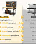 Comparison between CAMMOO heavy duty workbench with 2000 lbs capacity and other light duty workbench, featuring rubberwood top and pegboard.