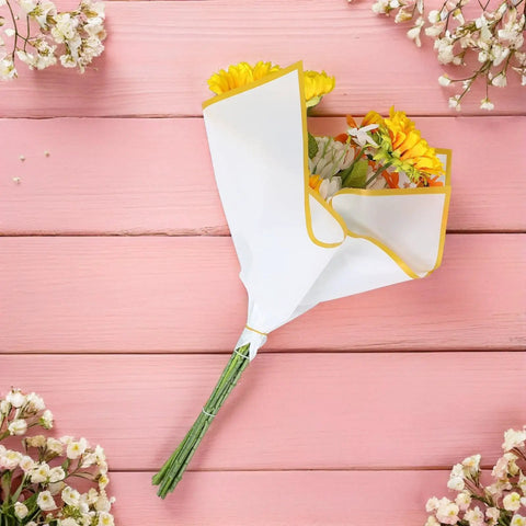 Waterproof Matte Flower Bouquet Wrapping Paper Set 60 Sheets No Fuss Easy Peasy Floral Packaging in use on pink background.