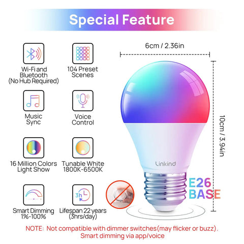 Smart LED Bulbs That Play Nice With Alexa And Google Home, No Hub Needed, WiFi Bluetooth, RGB highlights and features display.