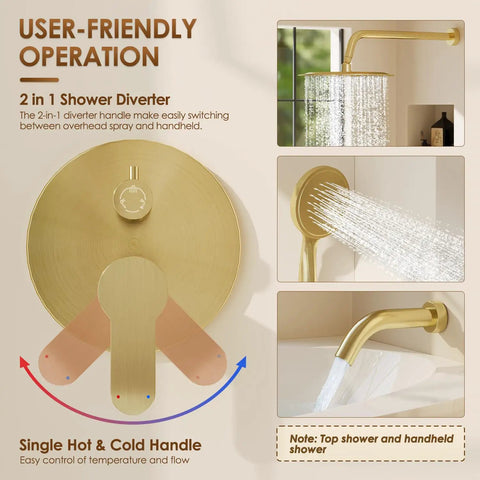 Heavy Duty Brushed Gold Shower System With 10 Inch Rain Shower Head And Tub Spout Solid Brass Faucet Set Built Different Zero Plastic All Metal Bath Setup Badass Quality
