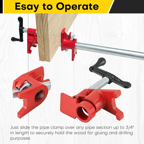 Beefy Heavy Duty Three Quarters Inch Pipe Clamp Set For Woodworking Cast Iron Build With Black Oxide Threads And Durable Baking Varnish Finish For Superior Glue Jobs shown holding wood on a 3/4 inch pipe