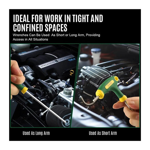 Top Notch T Handle Metric Hex Key Set With Nifty Storage Rack For Tough DIY Chores And Vehicle Maintenance That Keeps Tools Organized And Ready To Roll. 5mm T-handle hex key used as long and short arm in car engine bay