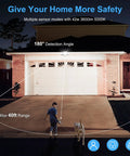 Lit 42W LED Outdoor Flood Light With Motion Sensor illuminating driveway, 180-degree angle, 40ft range, garage lighting at night