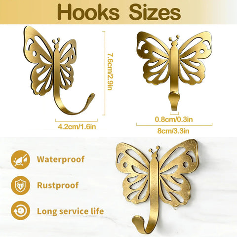 Butterfly Design Heavy Duty Wall Hooks Set For Towel Robe Coat And Keys Gold Brushed Finish 20 Lb Capacity 4 Pack sizes