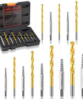 16 Piece Screw Extractor Set With Left Handed Drill Bits For Stripped Damaged Rusted Or Rounded Off Screws And Bolts No Nonsense Easy Out Bolt Remover Kit For Home Shop And Auto Repairs, showing labeled extractors and drill bits in case.