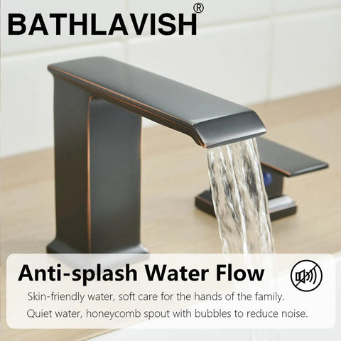 Oil Rubbed Bronze Widespread Bathroom Faucet With 8 Inch 3-Hole Mount 2-Handle Waterfall showing water flow