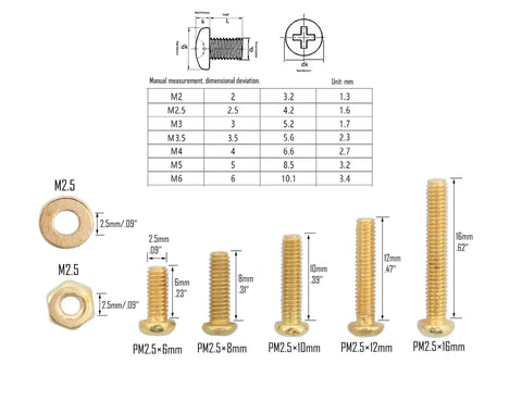 600 Pieces M2.5 Phillips Copper Yellow Machine Screws Assortment Kit with Nuts and Flat Washers, Pan Head Bolts, Size Diagram