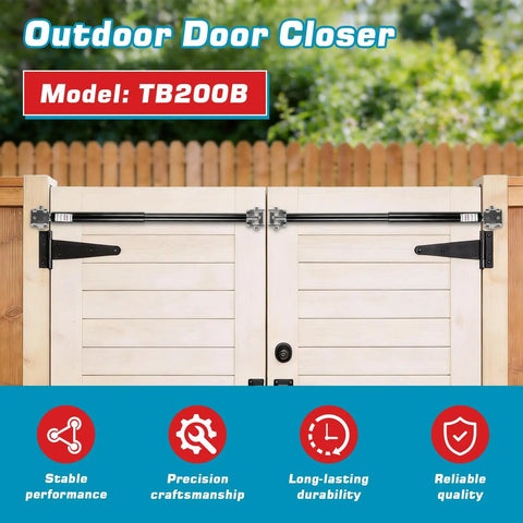 Outdoor Hydraulic Gate Closer Kit Six Pack TB200B Heavy Duty Gate Closer shown on wooden gate