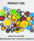 56 Piece RC Car Wheel Set With Rubber And Plastic Tires, Metal Shaft Axles, 2mm Shafts, various sizes, on display