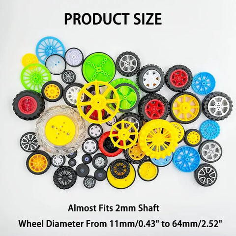 56 Piece RC Car Wheel Set With Rubber And Plastic Tires, Metal Shaft Axles, 2mm Shafts, various sizes, on display